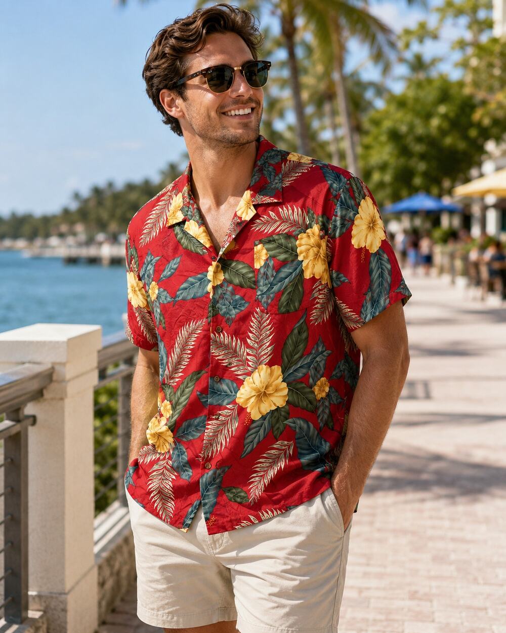 La Cabana Tropical Hawaiian Rayon Shirt Men's L Red Hibiscus